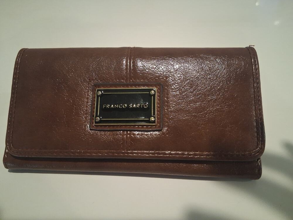 Franco Sarto Brown Leather Flap Clutch Wallet Women's Classic Organizer